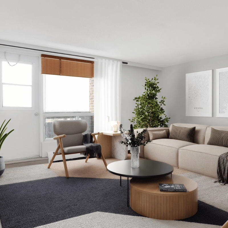 Virtually staged living room at Navaho Apartments.